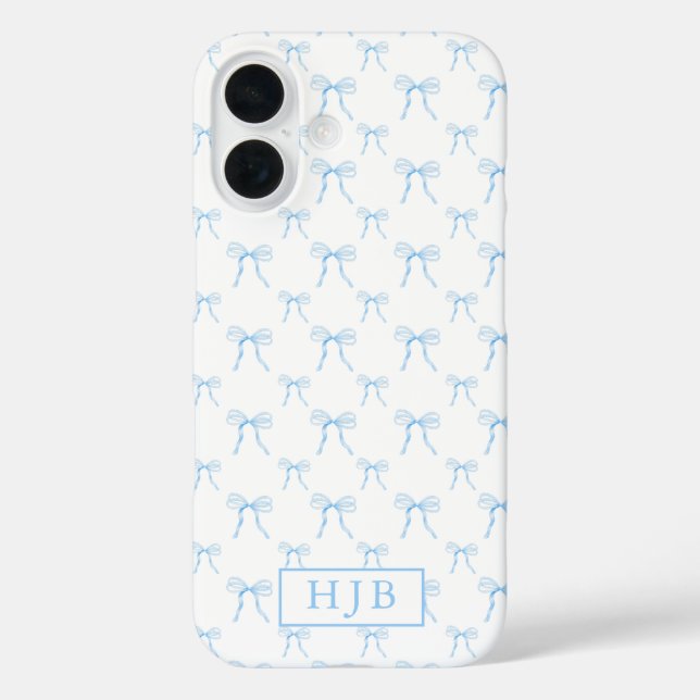 Coquette Bow Blue Monogram Initial iPhone 16 Case (Back)