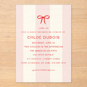 Coquette Bow Blush Pink Striped Baby Shower Acrylic Invitations