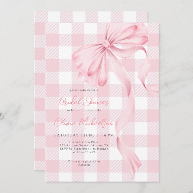 Coquette Bow Blush Plaid Pink Ribbon Bridal Shower Invitation (Front/Back)