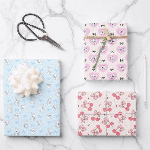 Coquette Bow Bunny Bear Cherry Wrapping Paper Sheet