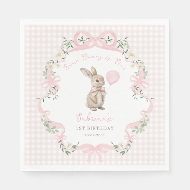 Coquette Bow Bunny Pink Gingham 1st Birthday Napkin (Front)