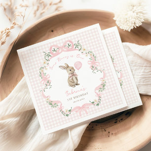 Coquette Bow Bunny Pink Gingham 1st Birthday Napkin