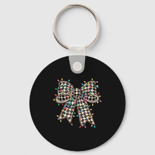 Coquette Bow Checkered Christmas Xmas Lights Pajam Key Ring