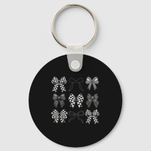Coquette Bow Checkered Flag Race Car Racing Women Key Ring
