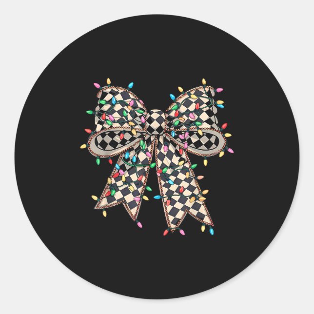 Coquette Bow Chequered Christmas Xmas Lights Pajam Classic Round Sticker (Front)