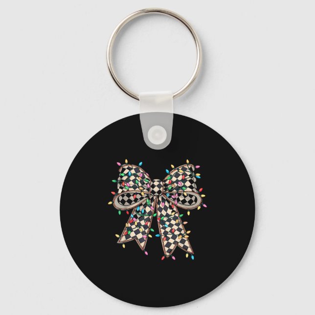 Coquette Bow Chequered Christmas Xmas Lights Pajam Key Ring (Front)