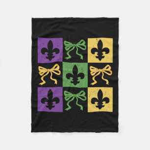 Coquette Bow Chequered Fleur De Lis Mardi Gras Car Fleece Blanket