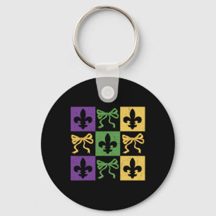 Coquette Bow Chequered Fleur De Lis Mardi Gras Car Key Ring