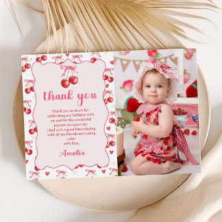 Coquette Bow Cherry Birthday Photo Thank You Card