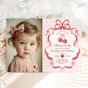 Coquette Bow Cherry First 1st Birthday Photo Invitation