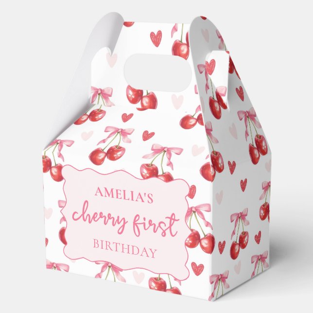 Coquette Bow Cherry First Birthday Favour Boxes (Front)