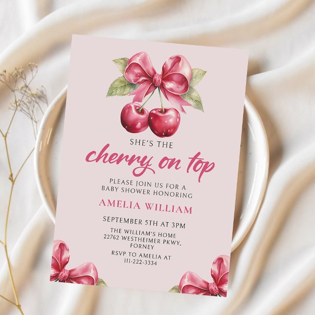 Coquette Bow Cherry on Top Baby Shower Invitation (Creator Uploaded)
