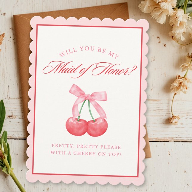 Coquette Bow Chic Cherry Maid of Honour Proposal Invitation (Creator Uploaded)