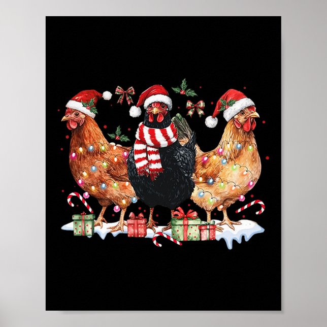 Coquette Bow Chicken Christmas Hat Lights Farm Ani Poster (Front)