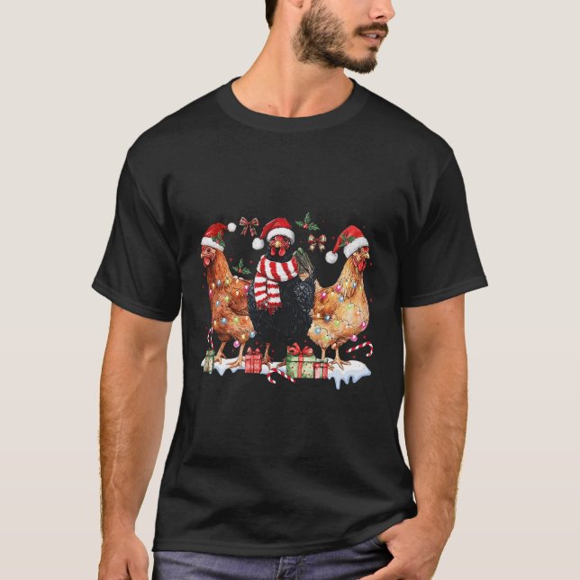 Coquette Bow Chicken Christmas Hat Lights Farm Ani T-Shirt (Front)