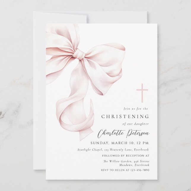 Coquette Bow Christening Invitation (Front)