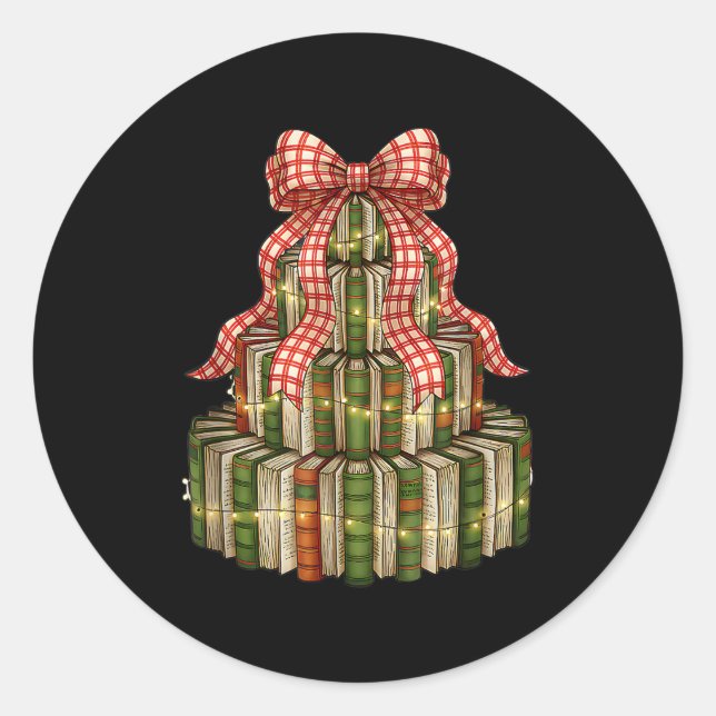 Coquette Bow Christmas Books Xmas Tree Librarian  Classic Round Sticker (Front)