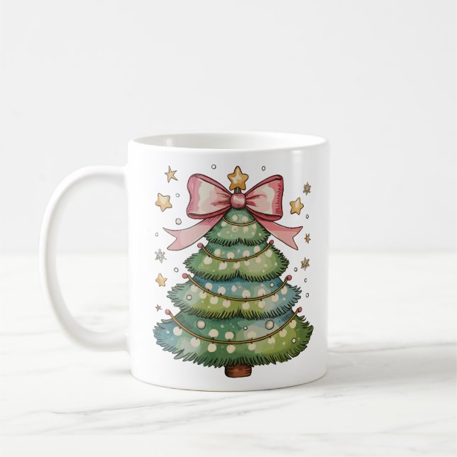 Coquette Bow Christmas Tree Xmas Holiday Girly Coffee Mug (Left)