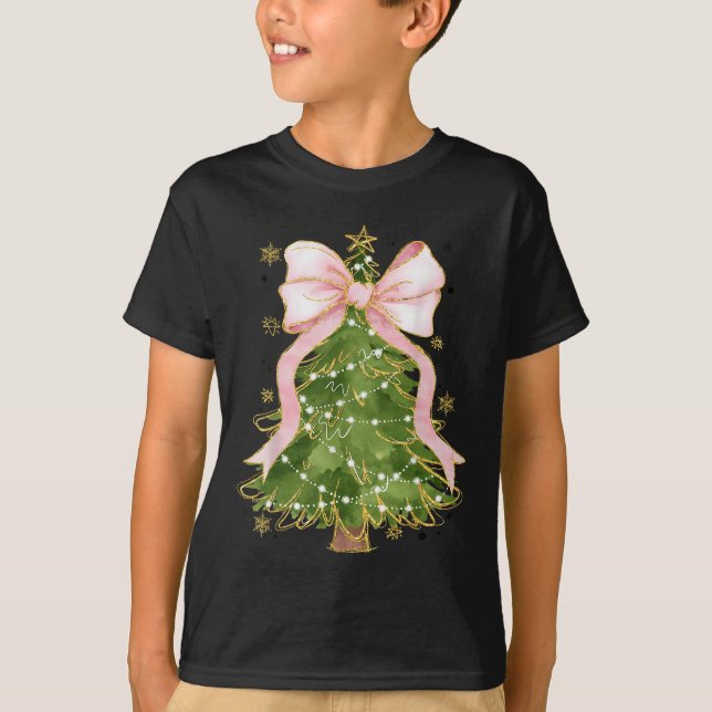 Coquette Bow Christmas Tree Xmas Holiday Girly Out T-Shirt (Front)