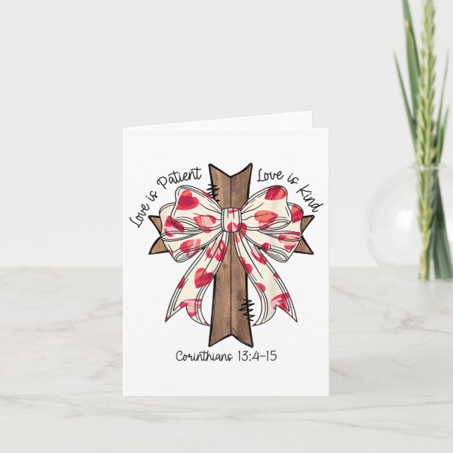 Coquette Bow Cross Valentines Day Jesus Bible Vers Card (Front)