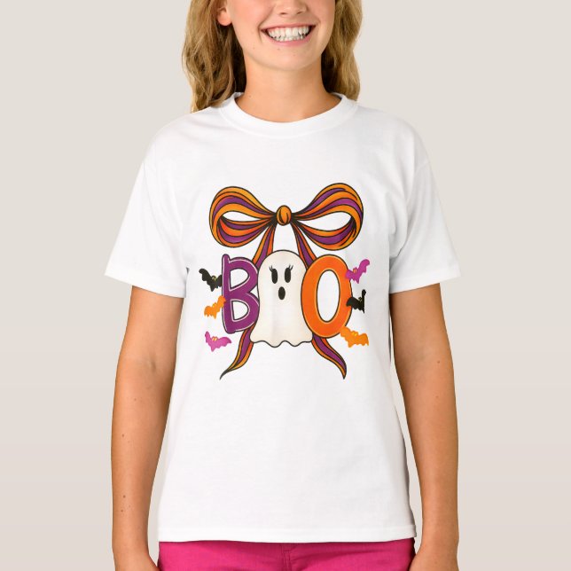 Coquette Bow Cute Ghost Boo Halloween Girls Kid T-Shirt (Front)