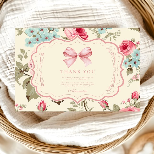 Coquette Bow Fancy ONE Girl 1st Birthday  Thank You Card (Creator Uploaded)