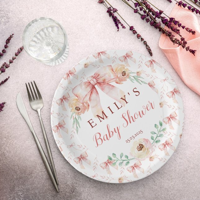Coquette bow Florals Baby Shower Paper Plate (Creator Uploaded)