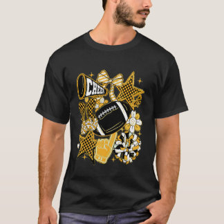 Coquette Bow Football Gold Black Game Cheer Mum To T-Shirt