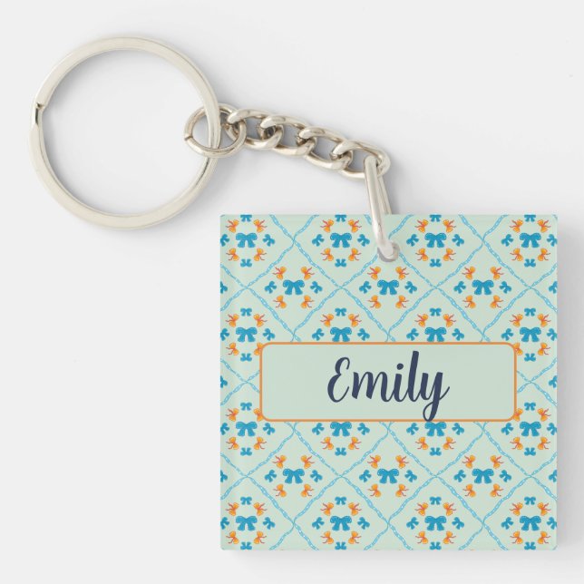 Coquette Bow Geometric Tile Soft Mint Lime Key Ring (Front)