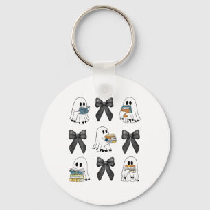 Coquette Bow Ghost Reading Books Sweater Halloween Key Ring