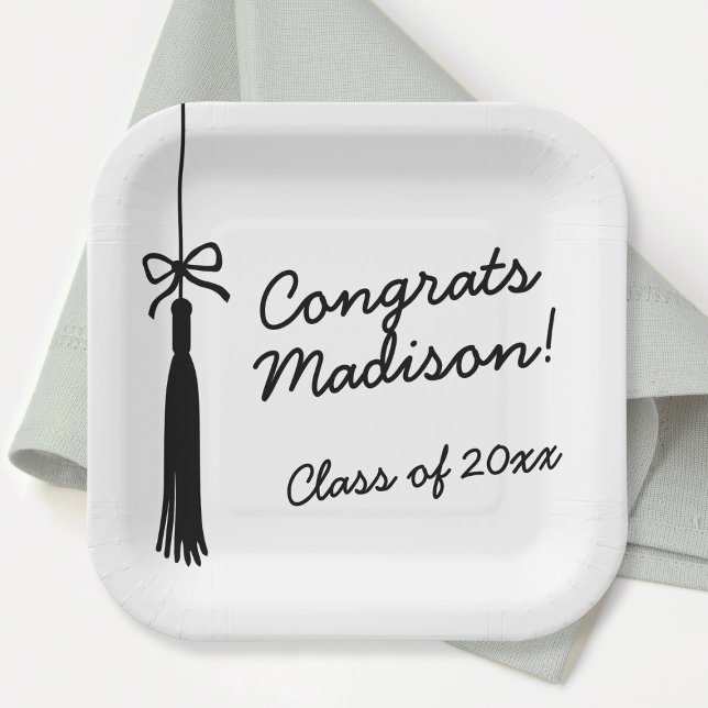 Coquette Bow Grad Tassel Black & White Graduation Paper Plate (Coquette Bow Grad Tassel Black & White Graduation Paper Plates)