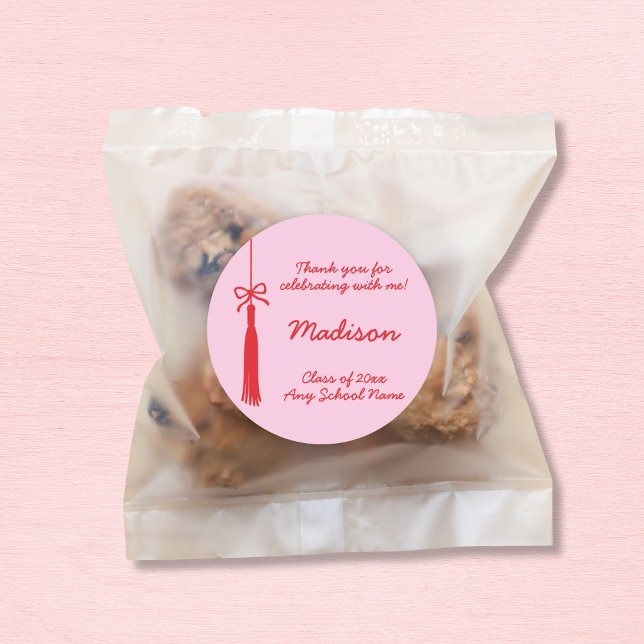 Coquette Bow Grad Tassel Pink Red 2025 Graduation Classic Round Sticker (Coquette Bow Grad Tassel Pink Red 2025 Graduation Classic Round Sticker)