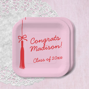 Coquette Bow Grad Tassel Pink Red 2025 Graduation Paper Plate