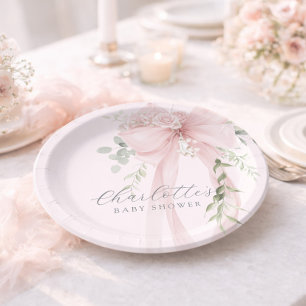 Coquette Bow Greenery Baby in bloom baby Shower Paper Plate