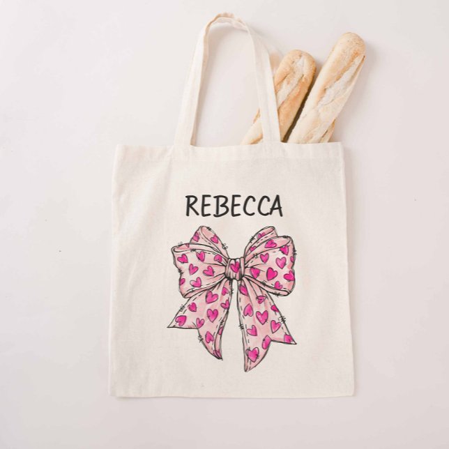 Coquette Bow Hot Pink Hearts Tote Bag (Hot Pink Bow Reusable Bag)