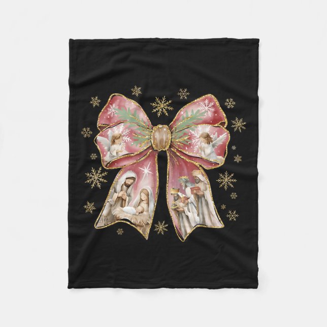 Coquette Bow Jesus Christian Merry Christmas Pajam Fleece Blanket (Front)