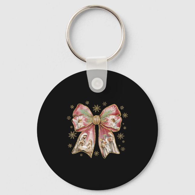 Coquette Bow Jesus Christian Merry Christmas Pajam Key Ring (Front)