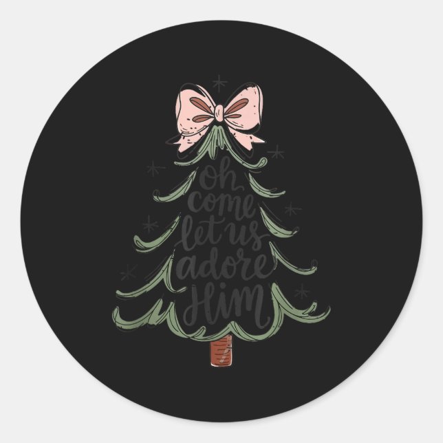 Coquette Bow Jesus Christmas Tree Oh Come Let Us A Classic Round Sticker (Front)