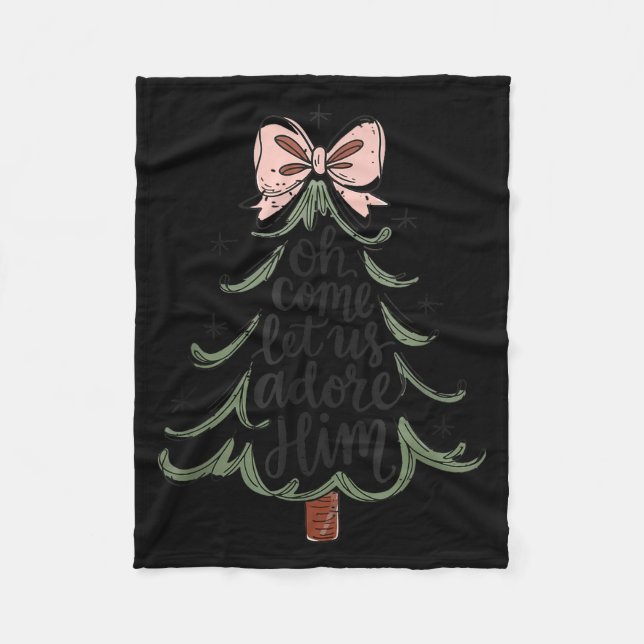 Coquette Bow Jesus Christmas Tree Oh Come Let Us A Fleece Blanket (Front)