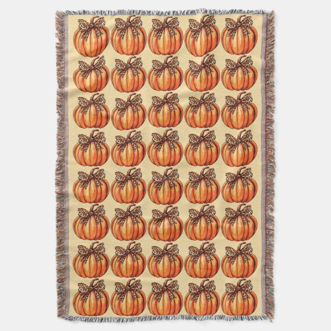 Coquette Bow Leopard Pumpkin Thanksgiving Rustic Throw Blanket (Front Vertical)