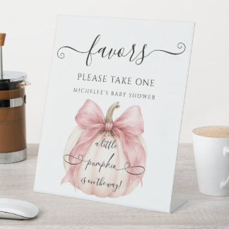 Coquette Bow Little Pumpkin Baby Shower Favours Pedestal Sign