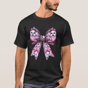 Coquette Bow Maltese Dog Pattern Mum Girl Pink Mot T-Shirt