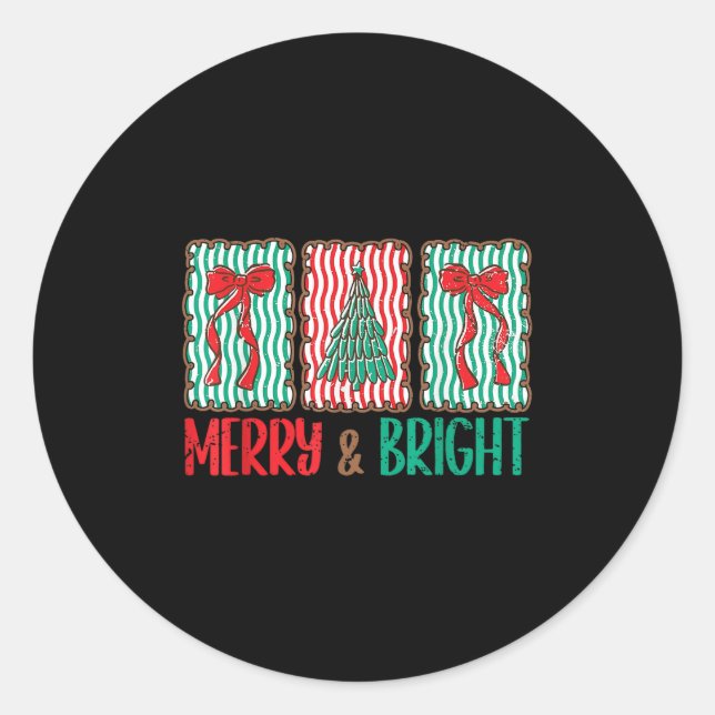 Coquette Bow Merry And Bright Christmas Tree Girl  Classic Round Sticker (Front)
