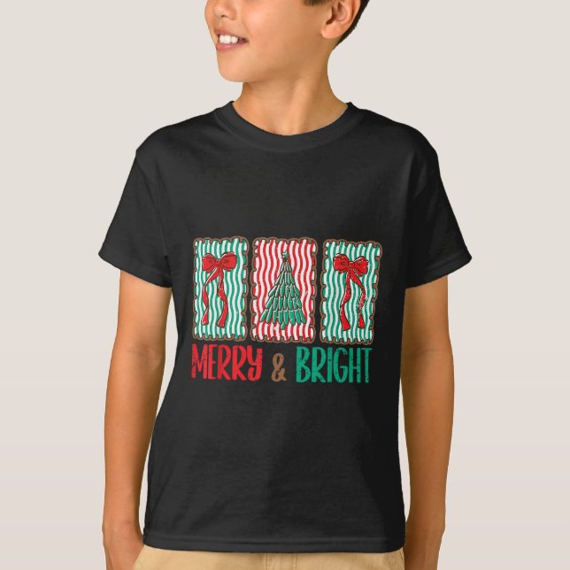 Coquette Bow Merry And Bright Christmas Tree Girl  T-Shirt (Front)