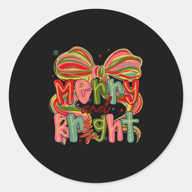 Coquette Bow Merry Bright Christmas Xmas Pyjamas H Classic Round Sticker (Front)