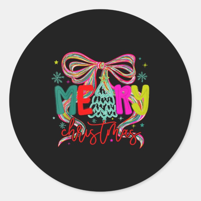 Coquette Bow Merry Christmas Preppy Xmas Pyjamas W Classic Round Sticker (Front)