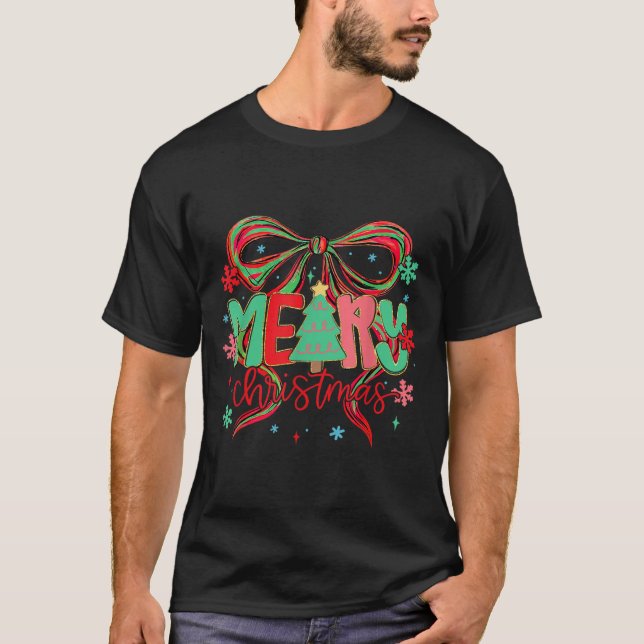 Coquette Bow Merry Christmas Snowflake Xmas Pajama T-Shirt (Front)