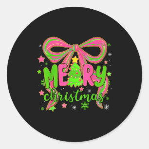 Coquette Bow Merry Christmas Tree Xmas Holiday Gir Classic Round Sticker
