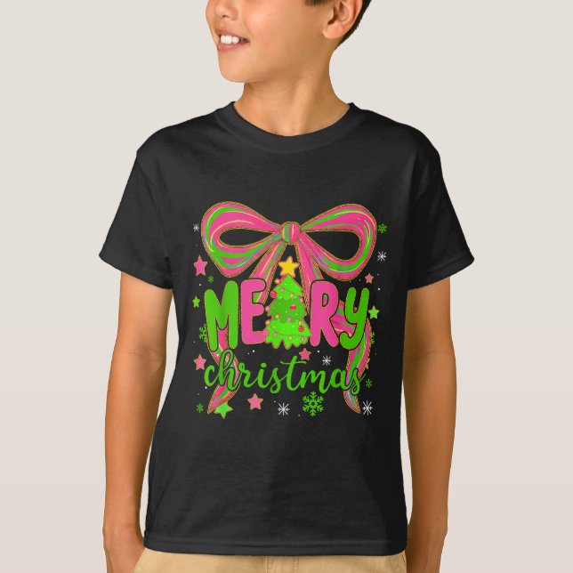 Coquette Bow Merry Christmas Tree Xmas Holiday Gir T-Shirt (Front)