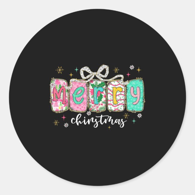 Coquette Bow Merry Christmas Xmas Pyjamas Snowflak Classic Round Sticker (Front)